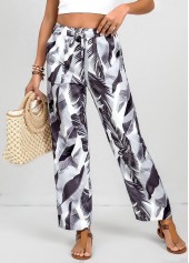 Feathers Print Double Side Pockets White Elastic Waist Pants