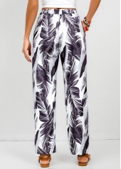 Feathers Print Double Side Pockets White Elastic Waist Pants