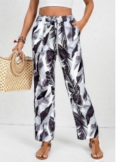 Feathers Print Double Side Pockets White Elastic Waist Pants