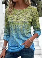 Ombre Button Blue 3/4 Sleeve Round Neck T Shirt