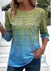 Ombre Button Blue 3/4 Sleeve Round Neck T Shirt