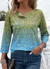 Ombre Button Blue 3/4 Sleeve Round Neck T Shirt