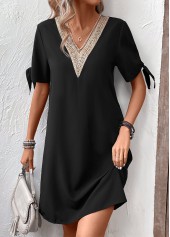 Black Short Patchwork V Neck Shift Dress