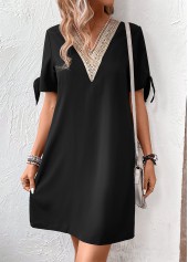 Black Short Patchwork V Neck Shift Dress