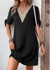 Black Short Patchwork V Neck Shift Dress