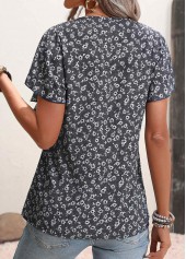 Ditsy Floral Print Patchwork Black Short Sleeve Blouse