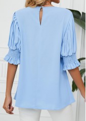 Smocked Light Blue Half Sleeve Round Neck Blouse