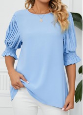 Smocked Light Blue Half Sleeve Round Neck Blouse