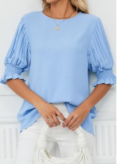 Smocked Light Blue Half Sleeve Round Neck Blouse