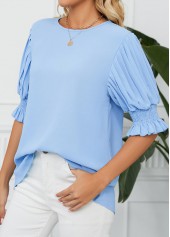 Smocked Light Blue Half Sleeve Round Neck Blouse