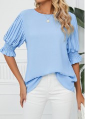 Smocked Light Blue Half Sleeve Round Neck Blouse