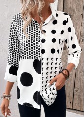 Polka Dot Button White Long Sleeve Shirt Collar Blouse