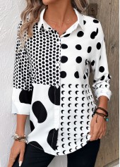 Polka Dot Button White Long Sleeve Shirt Collar Blouse