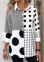 Polka Dot Button White Long Sleeve Shirt Collar Blouse