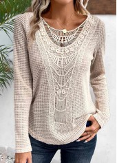 Lace Beige Long Sleeve Round Neck T Shirt