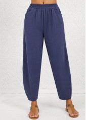 Pocket Navy Regular Elastic Waist Mid Waisted Pants