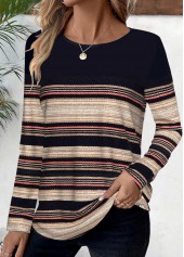 Striped Black Long Sleeve Round Neck T Shirt