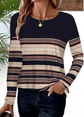 Striped Black Long Sleeve Round Neck T Shirt