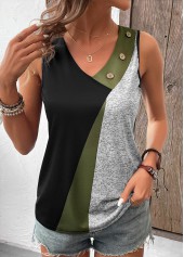 Geometric Print Button Black Sleeveless V Neck Tank Top