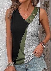 Geometric Print Button Black Sleeveless V Neck Tank Top