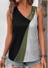 Geometric Print Button Black Sleeveless V Neck Tank Top