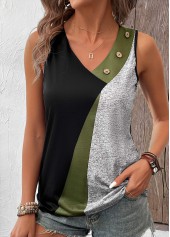 Geometric Print Button Black Sleeveless V Neck Tank Top