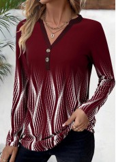 Ombre Button Deep Red Long Sleeve T Shirt