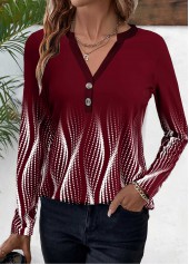 Ombre Button Deep Red Long Sleeve T Shirt