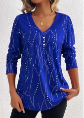 Geometric Print Button Dark Blue Long Sleeve T Shirt