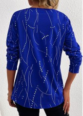 Geometric Print Button Dark Blue Long Sleeve T Shirt