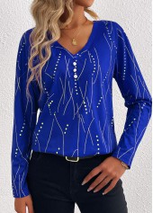 Geometric Print Button Dark Blue Long Sleeve T Shirt