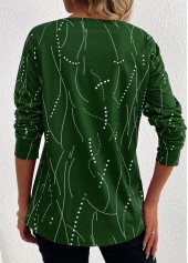 Geometric Print Button Green Long Sleeve T Shirt
