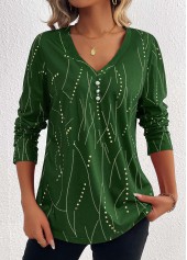 Geometric Print Button Green Long Sleeve T Shirt