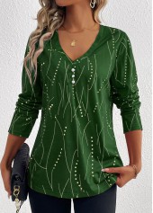 Geometric Print Button Green Long Sleeve T Shirt