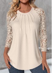Lace Skin Color Long Sleeve Round Neck T Shirt
