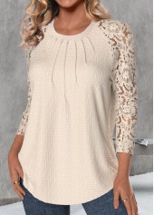 Lace Skin Color Long Sleeve Round Neck T Shirt