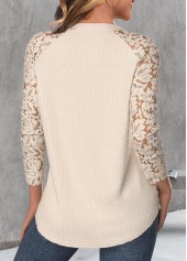 Lace Skin Color Long Sleeve Round Neck T Shirt
