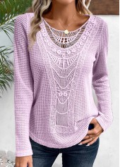 Lace Light Purple Long Sleeve Round Neck T Shirt