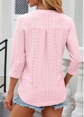 Button Light Pink 3/4 Sleeve Split Neck T Shirt