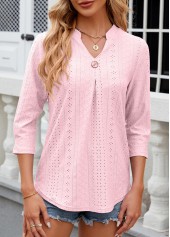 Button Light Pink 3/4 Sleeve Split Neck T Shirt