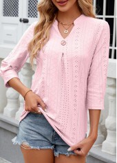 Button Light Pink 3/4 Sleeve Split Neck T Shirt
