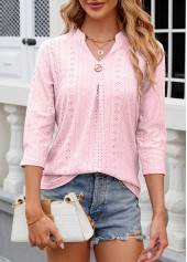 Button Light Pink 3/4 Sleeve Split Neck T Shirt