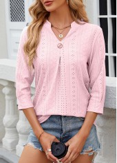 Button Light Pink 3/4 Sleeve Split Neck T Shirt