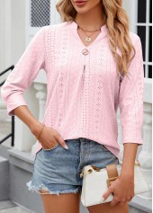 Button Light Pink 3/4 Sleeve Split Neck T Shirt