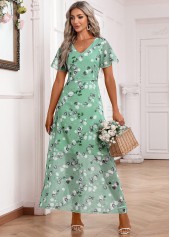 Floral Print Zipper Light Green Maxi Short Sleeve Dress