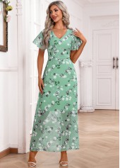 Floral Print Zipper Light Green Maxi Short Sleeve Dress