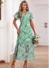 Floral Print Zipper Light Green Maxi Short Sleeve Dress