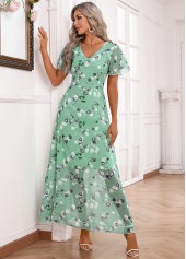 Floral Print Zipper Light Green Maxi Short Sleeve Dress