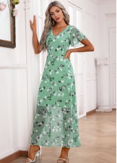 Floral Print Zipper Light Green Maxi Short Sleeve Dress