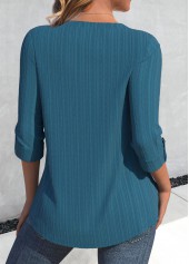 Tuck Stitch Peacock Blue Long Sleeve Split Neck Blouse